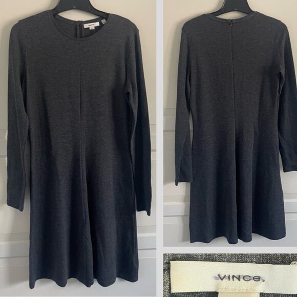 New! Vince Dark Gray Modal Blend Long Sleeve A-Line Midi Dress 20460 - Picture 1 of 9